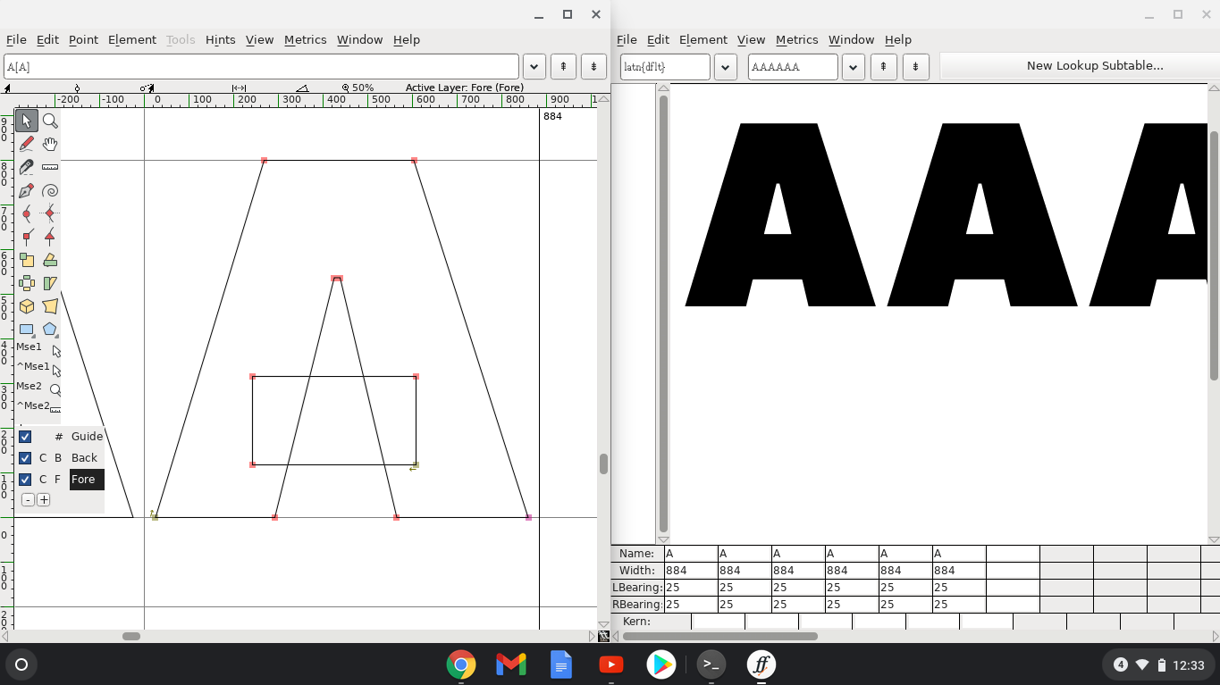 A screenshot of FontForge running on ChromeOS