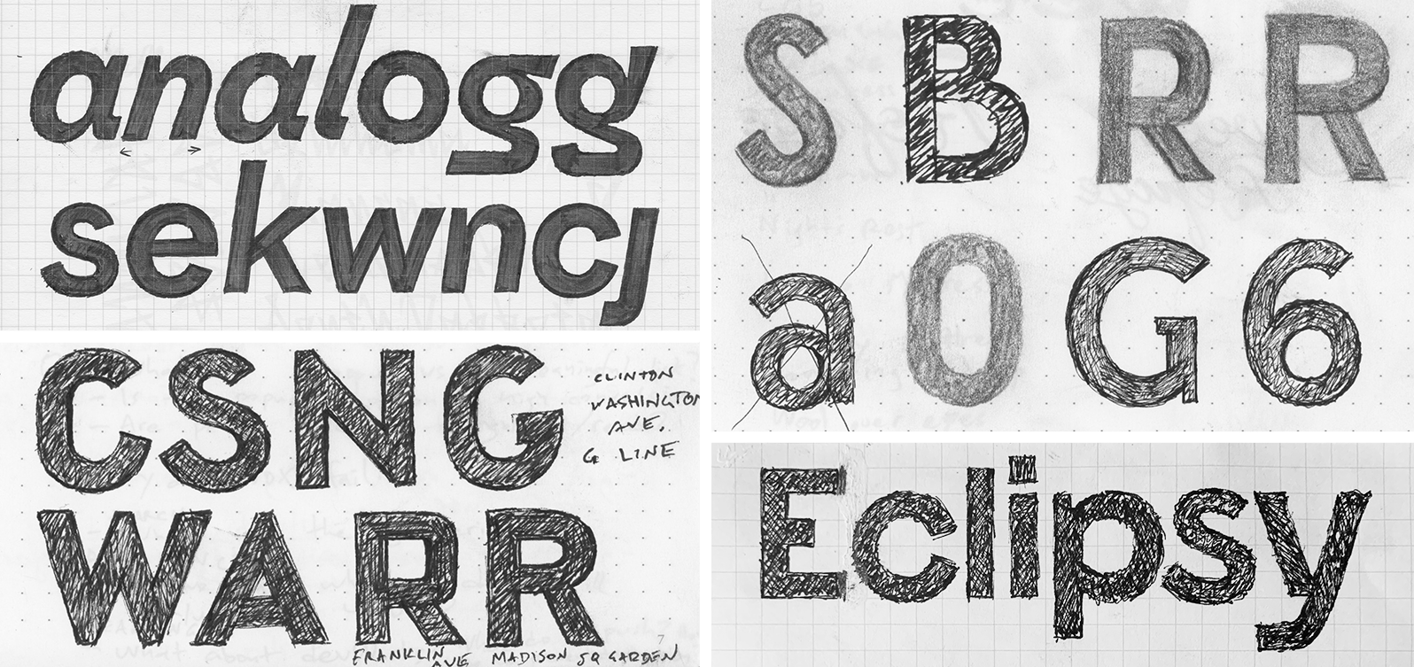 Various sketches of mosaic letters from the NYC Subway